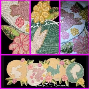 Glass Beaded Easter Bunny Rabbit & Egg Floral Table Runner / Centerpiece 36" NEW